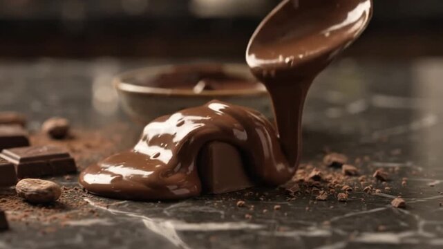 Rich Melted Chocolate Pouring Over a Solid Piece on a Dark Marble Surface