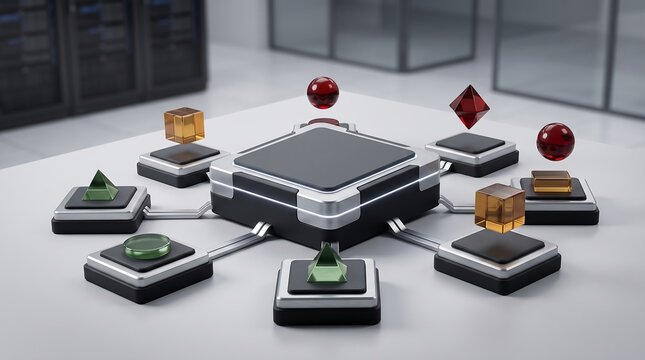 3D render of a central network hub sorting colorful geometric data nodes