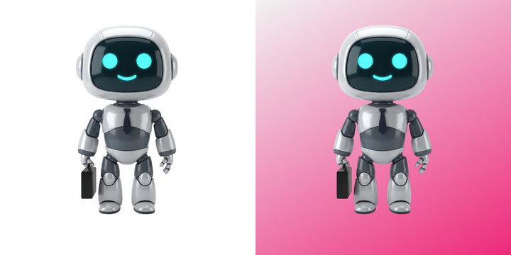 Cute business robot character holding briefcase with glowing eyes