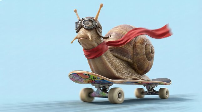 Cute cartoon snail wearing pilot goggles and a red scarf riding fast on a colorful skateboard