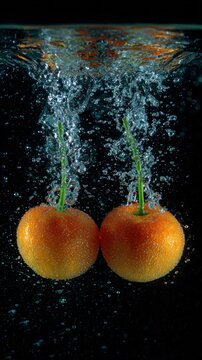 Two identical fruits fall into water and create symmetrical drops
