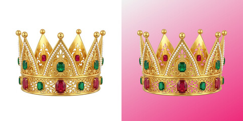 Luxurious golden royal crown with emeralds and rubies gemstones © Design Helbox