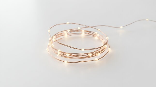 Title: Coiled string of warm fairy lights glowing on a white background