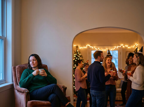 Woman sitting alone and resting in armchair during a holiday party. She feels pensive while others celebrate.