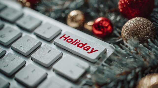 Silver toned keyboard displaying the word 'Holiday' surrounded by festive decorations, creating a cheerful scene representing winter celebrations and seasonal promotions