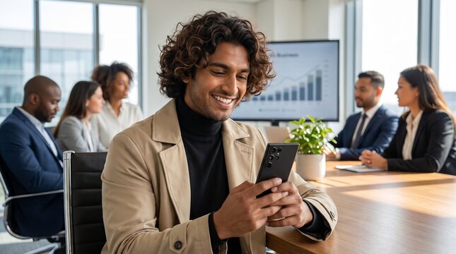 Smiling young businessman using smartphone in modern office meeting