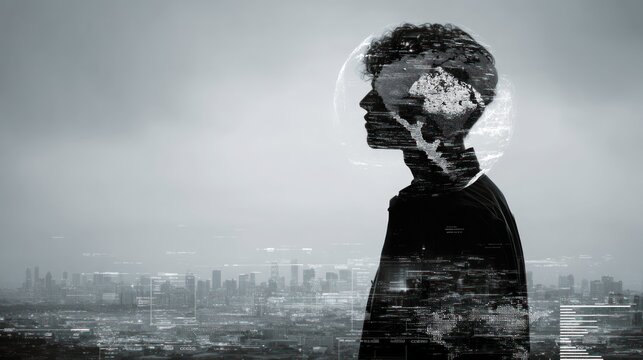 Silhouetted Young Man with Digital World Overlay Against Cityscape at Night