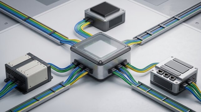 3D render of a centralized network hub connecting peripheral devices with colorful cables