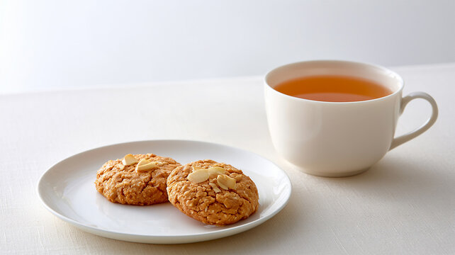 Oatmeal cookies with sliced almonds served on a white plate beside a warm cup of tea, simple cozy snack with clean copy space