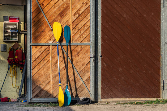 Kayaks paddles stands against a wooden wall.