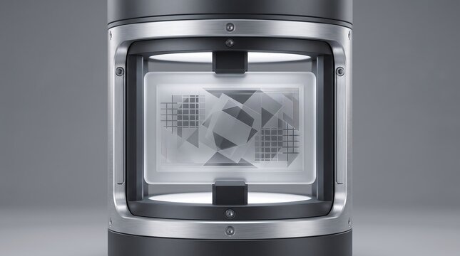 Futuristic metallic device displaying abstract geometric data on a translucent screen