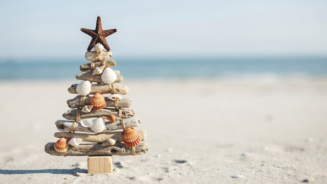 Creative seashell Christmas tree standing on sandy beach beside the ocean
