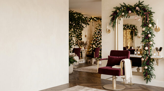 Beauty salon interior decorated with Christmas garland and tree. Festive holiday atmosphere in a luxury hair parlor with copy space.