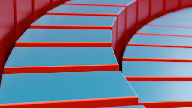 Stacked 3d rectangular prisms with blue surfaces and red edges