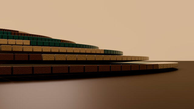 Stacked circular tiers of textured brown and green blocks
