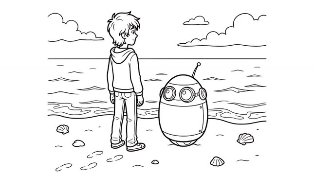 Boy and robot standing on beach looking at sea.