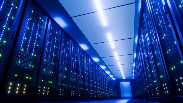 Computer servers in a modern blue-lit data center server room