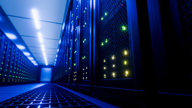 Server racks with glowing indicator lights