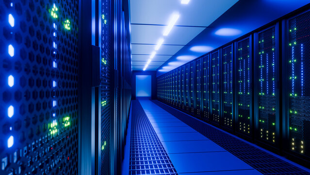 Corridor of glowing server racks under blue lighting in server room