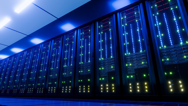 Data center server racks with illuminated computer servers