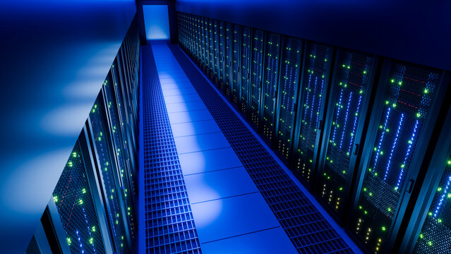 Data center corridor with illuminated server racks and network