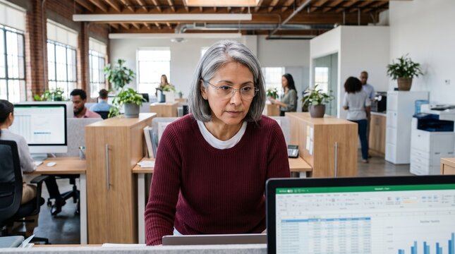 Mature Businesswoman Working on Laptop in Open Plan Office