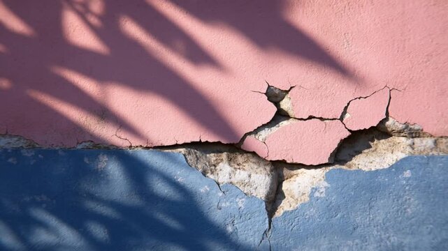 Cracked wall with light and shadow creating story of textured surface and paint showing natural contrast in pink and blue colors