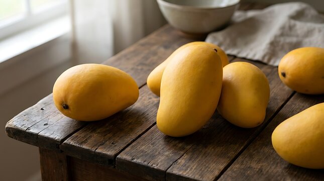 Fresh yellow mango fruits placed on a rustic wooden table in a bright kitchen with natural sunlight. ataulfo mango