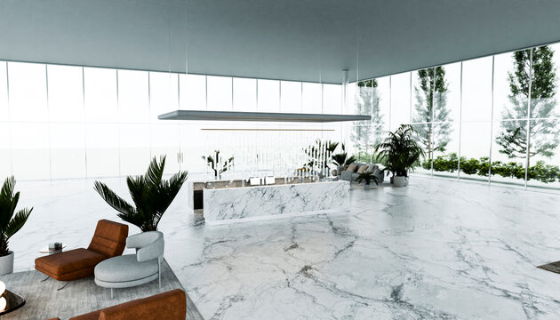 Modern interior lounge with marble counter, seating, and glass walls