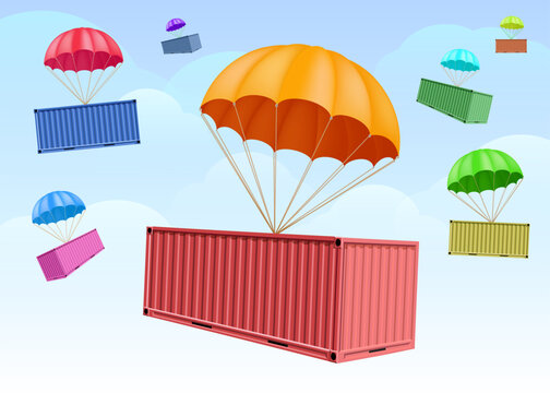 Cargo containers fly through the sky on parachutes. Vector illustration.