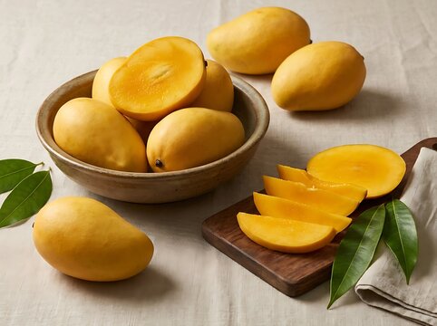 Fresh yellow mango fruits in a rustic wooden bowl with sliced mango pieces on a kitchen table top. ataulfo mango
