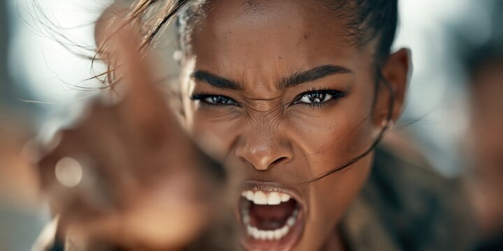 Furious young woman yelling, expressing anger and frustration, pointing finger at viewer with intense emotion