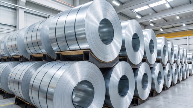Large coils of rolled steel stacked in an industrial warehouse. Steel products for construction and manufacturing. Heavy industry, metal supply and inventory storage.