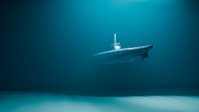 Submarine cruising underwater in deep ocean