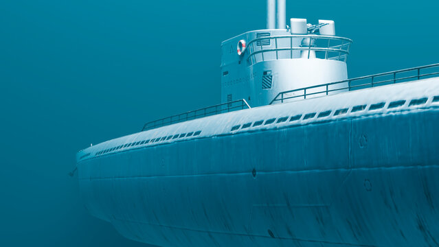 Submarine hull and conning tower underwater in ocean