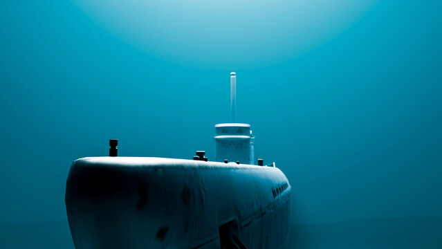 Submarine navigating underwater in deep ocean