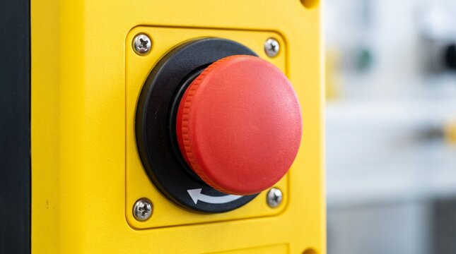 Red emergency stop button on yellow industrial control panel. Machinery shutdown and emergency control. Workplace safety, industrial automation and manufacturing. Hazard prevention.