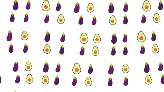 Cartoon eggplants and avocados pattern