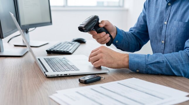 IT support specialist using handheld barcode scanner to register laptop computer and equipment for corporate asset tracking management system in office workplace environment
