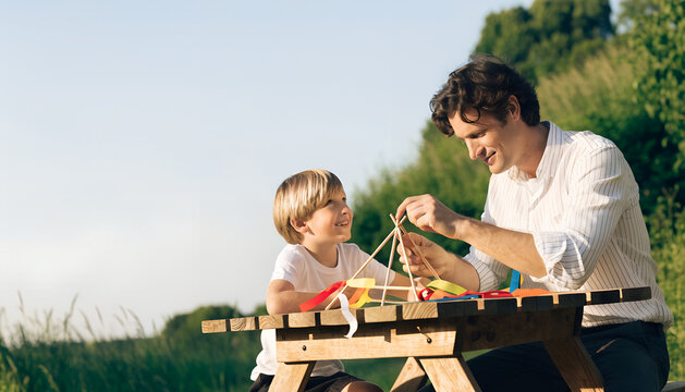 Father and son building a kite together outdoors on a wooden table at sunset