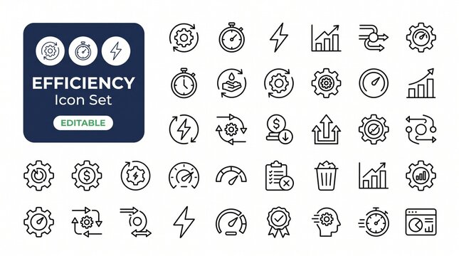 Efficiency Icon Set with Productivity Optimization, Time Saving, and Streamlined Process Symbols