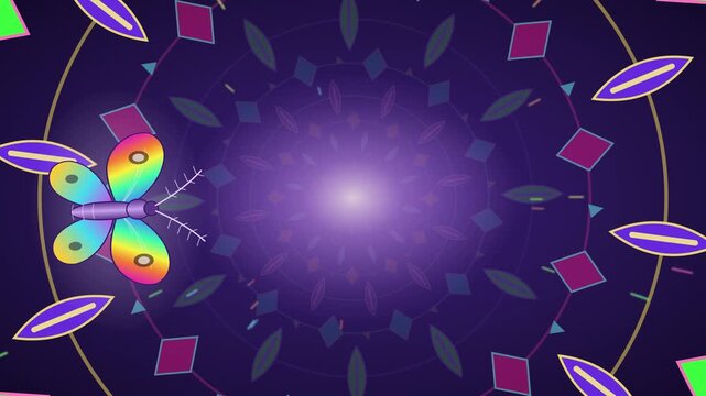 Prismatic moth in flight through a kaleidoscope tunnel seamless loop