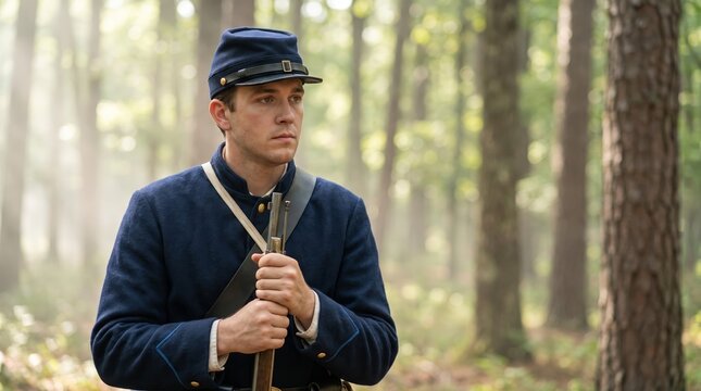 Uniformed man holding a rifle among forest trees. Historical military reenactment. Costumed soldier with antique firearm. Military history education and living history reenactment.