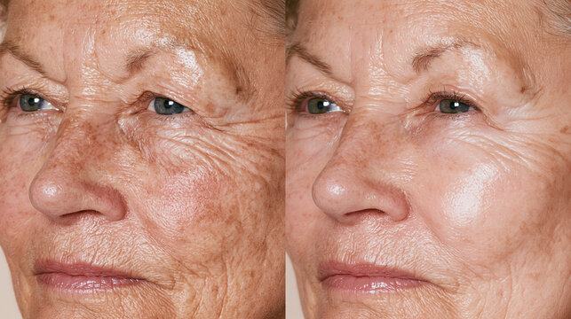 Before and after comparison of mature woman's facial skin showing reduced pigmentation and age spots, cosmetic skincare and rejuvenation treatment concept