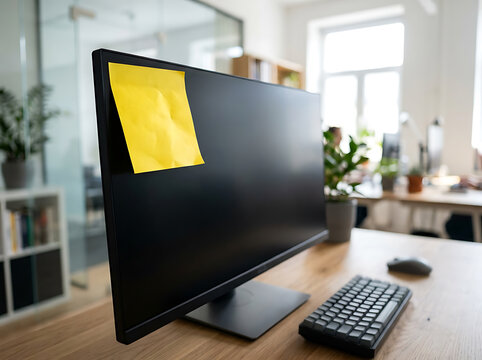 Yellow sticky note on a computer screen in a bright office
