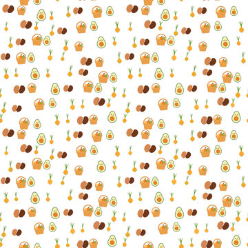 Cute cartoon food pattern with avocados, onions, and fruit baskets