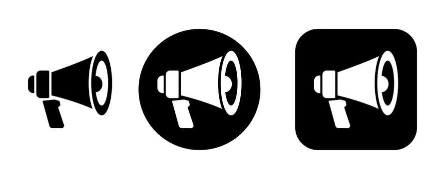 Megaphone announcement icon with marketing, advertising, communication, promotion and broadcast symbols for business, media, campaigns and public messaging.