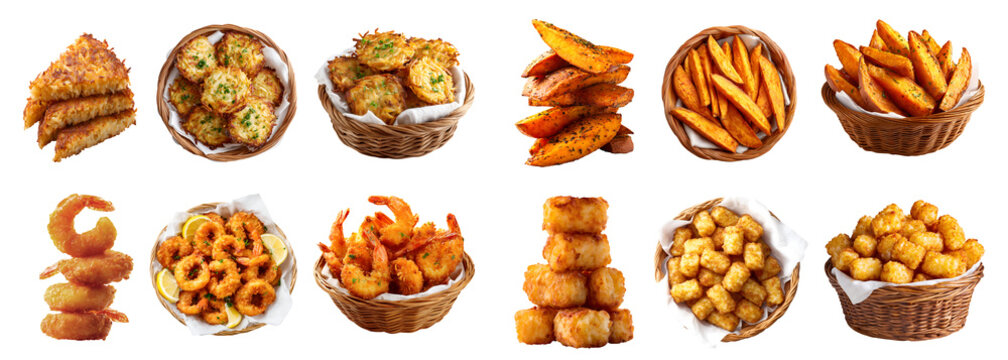4 Set of deep fried food, rosti rooschti pancake, sweet potato wedges, Tater tots potato, shrimp prawn ebi, ratten basket with napkin, stack pile, transparent cutout PNG mockup