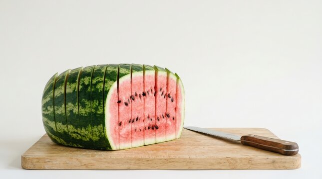 Watermelon sliced like bread with red flesh and black seeds on a wooden cutting board beside a kitchen knife, isolated food still life