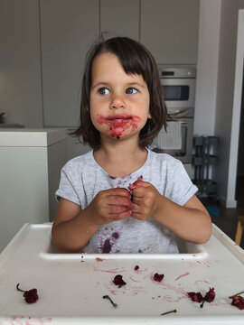 Funny toddler girl with dark bob hair, gray eyes, messy face stained with cherry juice eating berries in high chair at home kitchen, concept of baby led weaning, healthy child nutrition
